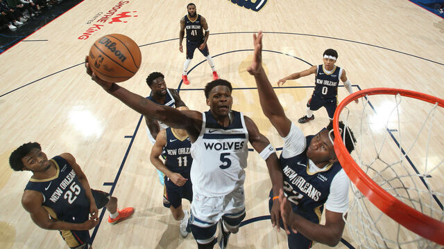 NEW ORLEANS, LA - DECEMBER 2: Anthony Edwards #5 of the Minnesota Timberwolves drives to the basket during the game against the New Orleans Pelicans on December 2, 2025 at the Smoothie King Center in New Orleans, Louisiana. Mandatory Copyright Notice: Copyright 2025 NBAE