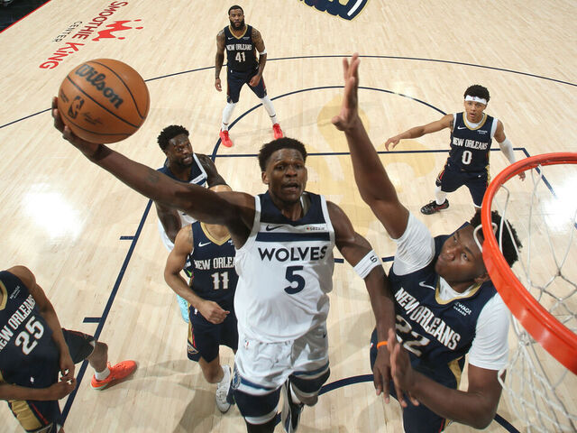 NEW ORLEANS, LA - DECEMBER 2: Anthony Edwards #5 of the Minnesota Timberwolves drives to the basket during the game against the New Orleans Pelicans on December 2, 2025 at the Smoothie King Center in New Orleans, Louisiana. Mandatory Copyright Notice: Copyright 2025 NBAE