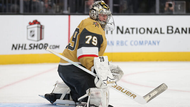 LAS VEGAS, NEVADA - DECEMBER 02: Carter Hart #79 of the Vegas Golden Knights makes a save during the third period against the Chicago Blackhawks at T-Mobile Arena on December 02, 2025 in Las Vegas, Nevada.