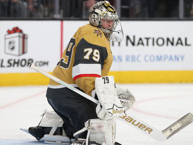 LAS VEGAS, NEVADA - DECEMBER 02: Carter Hart #79 of the Vegas Golden Knights makes a save during the third period against the Chicago Blackhawks at T-Mobile Arena on December 02, 2025 in Las Vegas, Nevada.