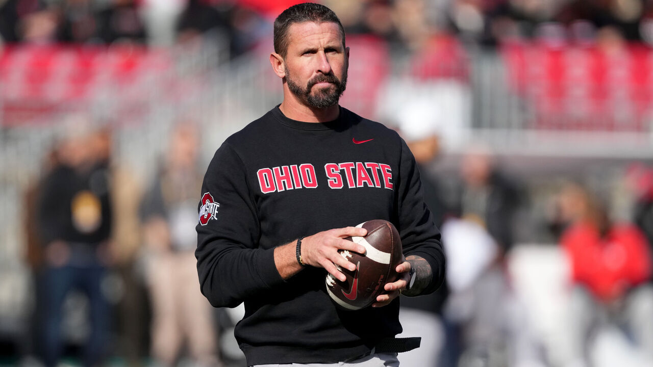 COLUMBUS, OHIO - NOVEMBER 01: Offensive Coordinator / Wide Receivers Coach Brian Hartline of the Ohio State Buckeyes looks on before the game against the Penn State Nittany Lions at Ohio Stadium on November 01, 2025 in Columbus, Ohio.
