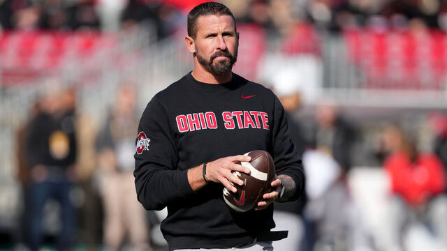 COLUMBUS, OHIO - NOVEMBER 01: Offensive Coordinator / Wide Receivers Coach Brian Hartline of the Ohio State Buckeyes looks on before the game against the Penn State Nittany Lions at Ohio Stadium on November 01, 2025 in Columbus, Ohio.