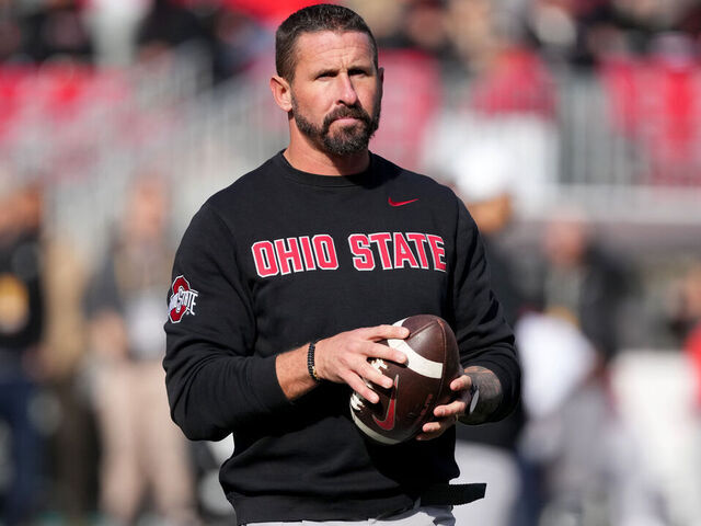 COLUMBUS, OHIO - NOVEMBER 01: Offensive Coordinator / Wide Receivers Coach Brian Hartline of the Ohio State Buckeyes looks on before the game against the Penn State Nittany Lions at Ohio Stadium on November 01, 2025 in Columbus, Ohio.