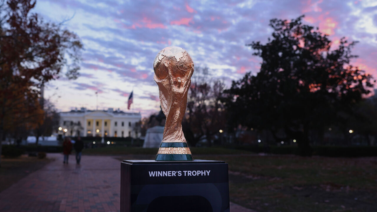 WASHINGTON, DC - DECEMBER 02: The FIFA World Cup Trophy is seen outside the White House ahead of the FIFA World Cup Draw on December 02, 2025 in Washington, DC.