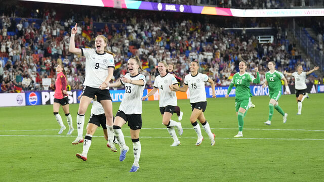 German players celebrate victory after the UEFA Women's EURO 2025 Quarter-Final match between France and Germany at St. Jakob-Park on July 19, 2025 in Basel, Switzerland.