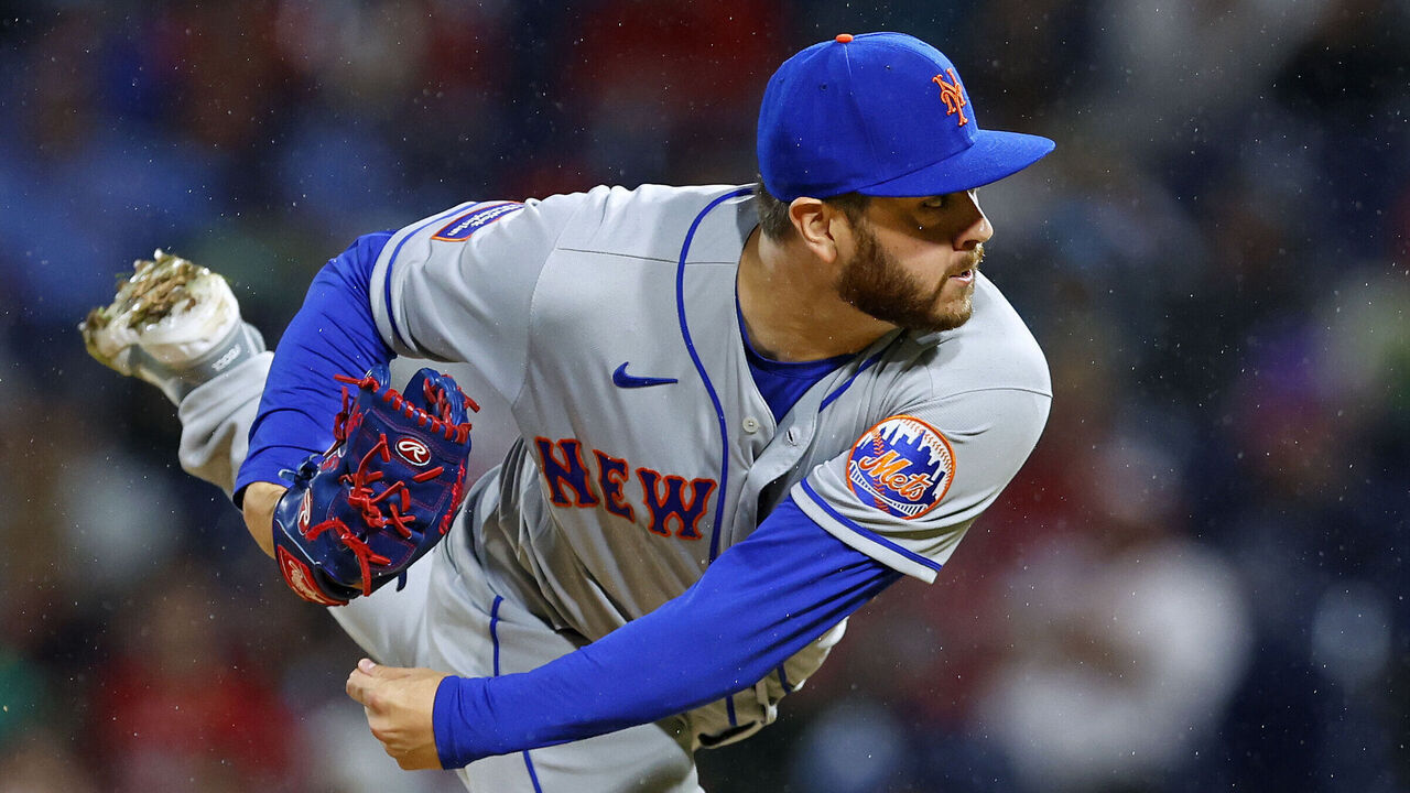 PHILADELPHIA, PENNSYLVANIA - SEPTEMBER 24: Anthony Kay #64 of the New York Mets in action against the Philadelphia Phillies during a game at Citizens Bank Park on September 24, 2023 in Philadelphia, Pennsylvania.