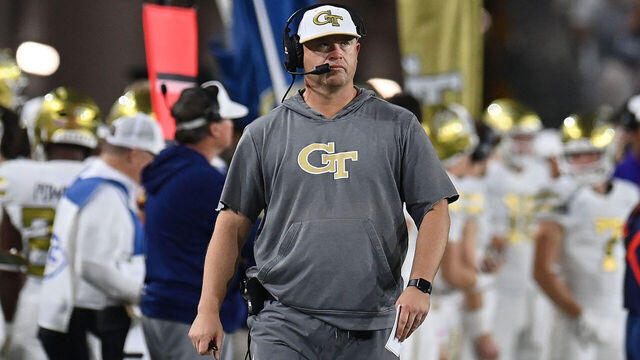 ATLANTA, GEORGIA - NOVEMBER 22: Head coach Brent Key of the Georgia Tech Yellow Jackets looks on against the Pittsburgh Panthers during the second quarter at Bobby Dodd Stadium on November 22, 2025 in Atlanta, Georgia.