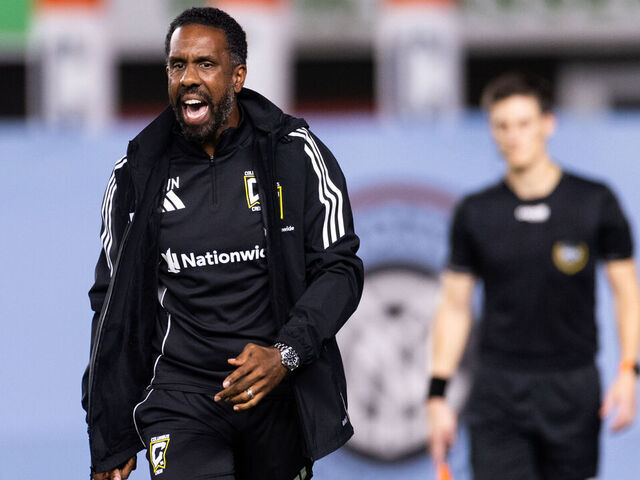 NEW YORK, NEW YORK - SEPTEMBER 17: Head coach Wilfried Nancy of Columbus Crew reacts during the first half of the MLS match against the New York City FC at Yankee Stadium on September 17, 2025 in New York City.