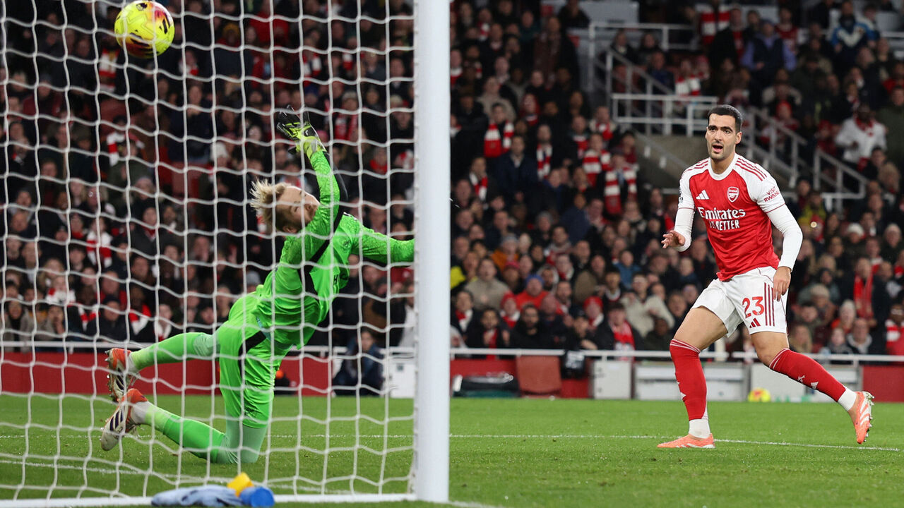 LONDON, ENGLAND - DECEMBER 03: Mikel Merino of Arsenal scores a goal to make it 1-0 during the Premier League match between Arsenal and Brentford at Emirates Stadium on December 03, 2025 in London, England.