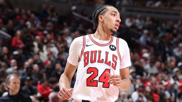 CHICAGO, IL - NOVEMBER 22: Noa Essengue #24 of the Chicago Bulls looks on during the game against the Washington Wizards on November 22, 2025 at United Center in Chicago, Illinois. Mandatory Copyright Notice: Copyright 2025 NBAE