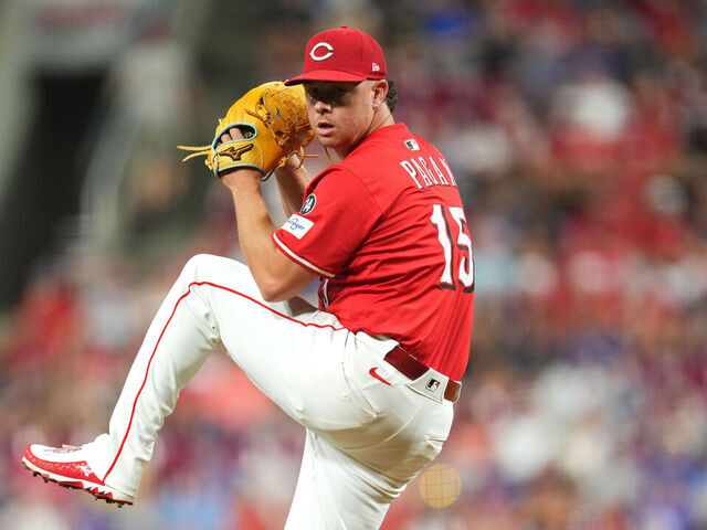 CINCINNATI, OHIO - SEPTEMBER 20: Emilio Pagán #15 of the Cincinnati Reds throws during a baseball game against the Chicago Cubs at Great American Ball Park on September 20, 2025 in Cincinnati, Ohio.