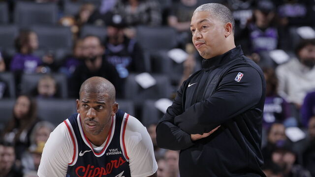SACRAMENTO, CA - OCTOBER 15: Head Coach Tyronn Lue of the Los Angeles Clippers coaches Chris Paul #3 during the game against the Sacramento Kings during a NBA Preseason game on October 15, 2025 at Golden 1 Center in Sacramento, California. NOTE TO USER: User expressly acknowledges and agrees that, by downloading and or using this photograph, User is consenting to the terms and conditions of the Getty Images Agreement. Mandatory Copyright Notice: Copyright 2025 NBAE