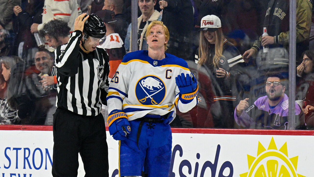 PHILADELPHIA , PA - DECEMBER 03: Buffalo Sabres defenseman Rasmus Dahlin #26 is ejected from the game during the game between the Buffalo Sabers and the Philadelphia Flyers on December 3rd, 2025 at Xfinity Mobile Arena in Philadelphia, PA.