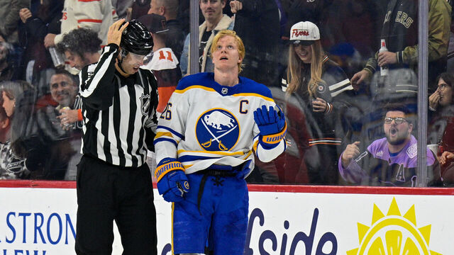 PHILADELPHIA , PA - DECEMBER 03: Buffalo Sabres defenseman Rasmus Dahlin #26 is ejected from the game during the game between the Buffalo Sabers and the Philadelphia Flyers on December 3rd, 2025 at Xfinity Mobile Arena in Philadelphia, PA.