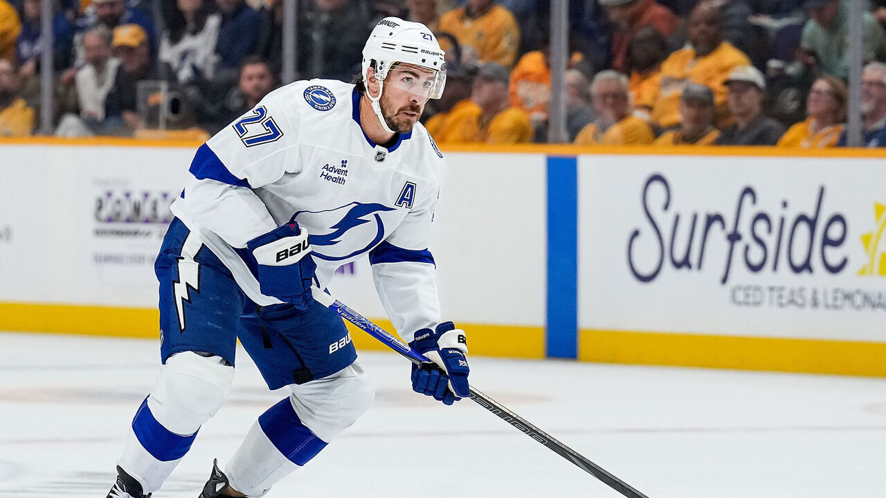 NASHVILLE, TENNESSEE - OCTOBER 28: Ryan McDonagh #27 of the Tampa Bay Lightning skates against the Nashville Predators during an NHL game at Bridgestone Arena on October 28, 2025 in Nashville, Tennessee.
