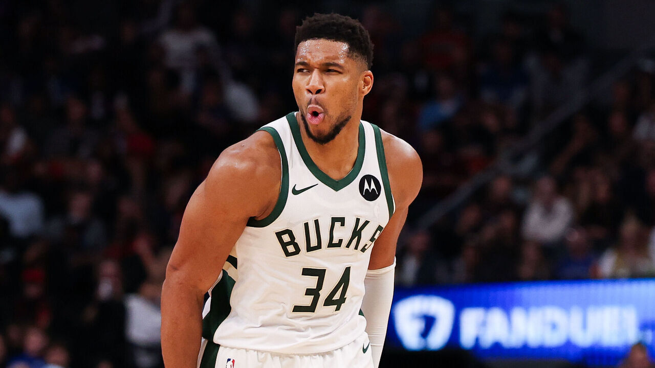 TORONTO, CANADA - OCTOBER 24: Giannis Antetokounmpo #34 of the Milwaukee Bucks reacts scoring a three point basket against the Toronto Raptors during the second half at Scotiabank Arena on October 24, 2025 in Toronto, Ontario, Canada.