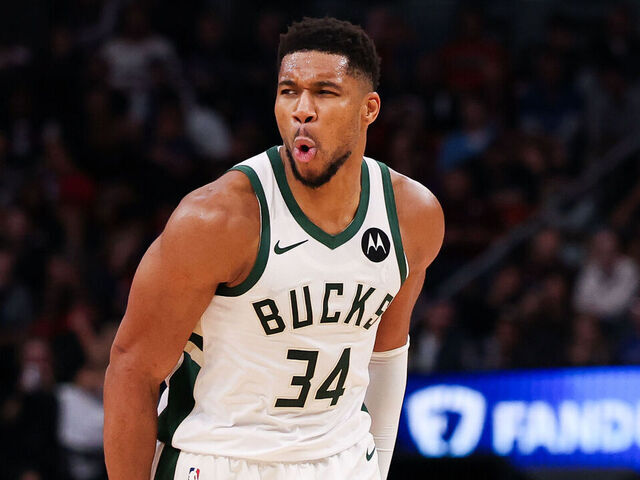 TORONTO, CANADA - OCTOBER 24: Giannis Antetokounmpo #34 of the Milwaukee Bucks reacts scoring a three point basket against the Toronto Raptors during the second half at Scotiabank Arena on October 24, 2025 in Toronto, Ontario, Canada.