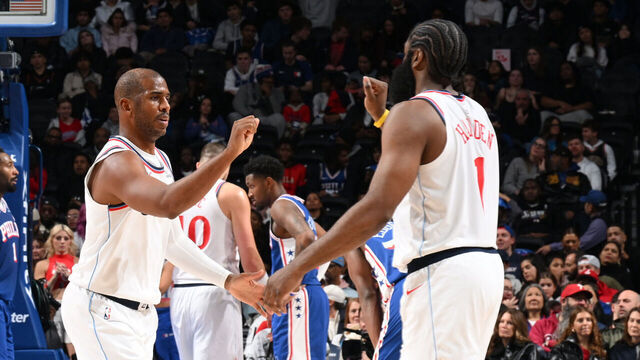 PHILADELPHIA, PA - NOVEMBER 17: Chris Paul #3 and James Harden #1 of the LA Clippers high five during the game against the Philadelphia 76ers on November 17, 2025 at the Wells Fargo Center in Philadelphia, Pennsylvania NOTE TO USER: User expressly acknowledges and agrees that, by downloading and/or using this Photograph, user is consenting to the terms and conditions of the Getty Images License Agreement. Mandatory Copyright Notice: Copyright 2025 NBAE