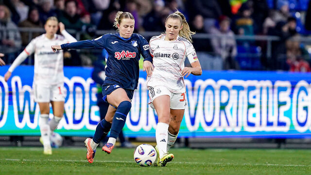 SINSHEIM, GERMANY - NOVEMBER 23: Laura Gloning of TSG Hoffenheim (L) and Georgia Stanway of FC Bayern München (R) battle for the ball (duel) during the Google Pixel Women's Bundesliga match between TSG Hoffenheim and FC Bayern München at Dietmar-Hopp-Stadion on November 23, 2025 in Sinsheim, Germany.