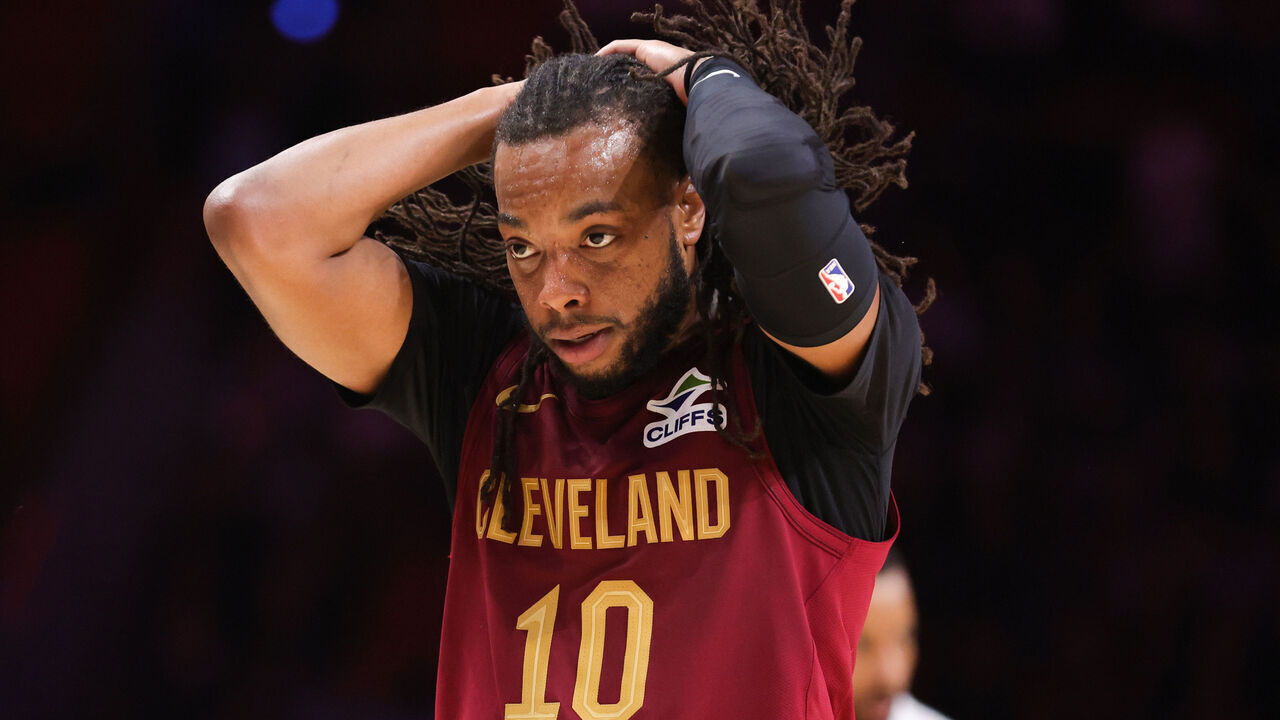 MIAMI, FLORIDA - NOVEMBER 10: Darius Garland #10 of the Cleveland Cavaliers reacts during the second quarter of the game against the Miami Heat at Kaseya Center on November 10, 2025 in Miami, Florida.