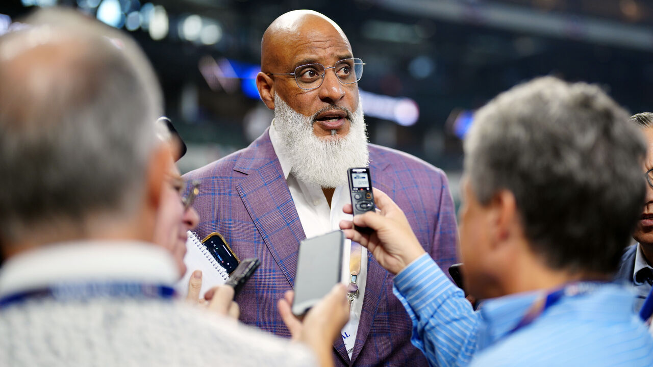 ARLINGTON, TX - OCTOBER 27: Executive director of the Major League Baseball Players Association Tony Clark talks to the media prior to Game 1 of the 2023 World Series between the Arizona Diamondbacks and the Texas Rangers at Globe Life Field on Friday, October 27, 2023 in Arlington, Texas.