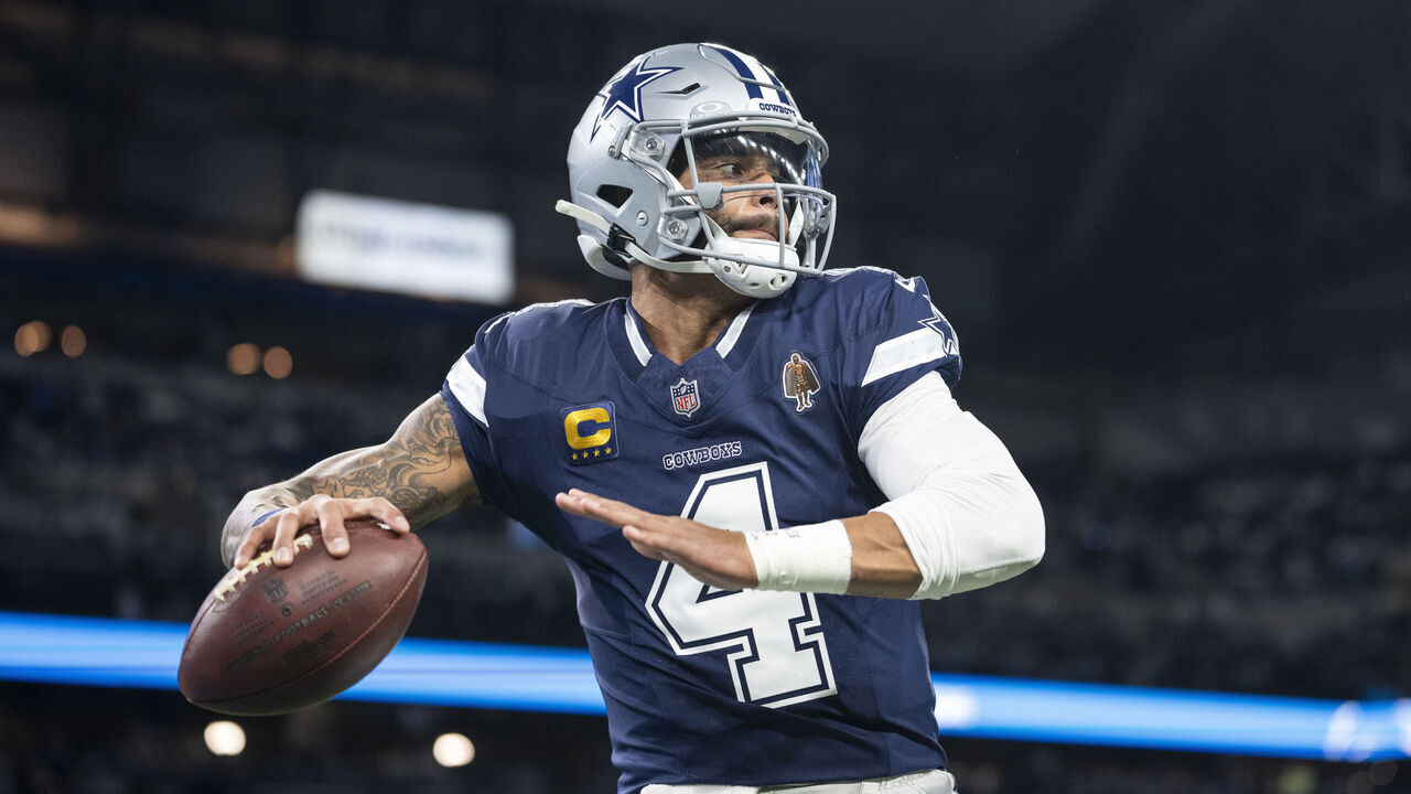 DETROIT, MICHIGAN - DECEMBER 4: Dak Prescott #4 of the Dallas Cowboys looks to pass prior to an NFL football game against the Detroit Lions at Ford Field on December 04, 2025 in Detroit, Michigan.