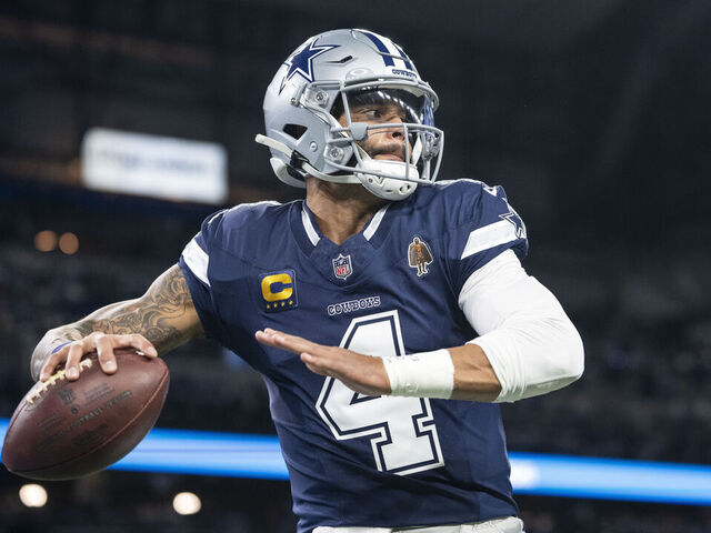 DETROIT, MICHIGAN - DECEMBER 4: Dak Prescott #4 of the Dallas Cowboys looks to pass prior to an NFL football game against the Detroit Lions at Ford Field on December 04, 2025 in Detroit, Michigan.