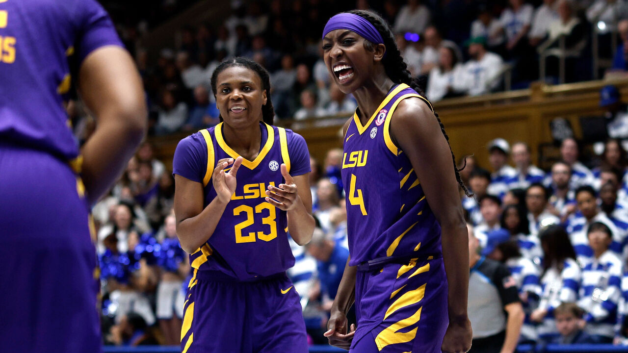 DURHAM, NORTH CAROLINA - DECEMBER 4: Milaysia Fulwiley #23 and Flau'Jae Johnson #4 of the LSU Tigers react in the first half against the Duke Blue Devils at Cameron Indoor Stadium on December 4, 2025 in Durham, North Carolina.