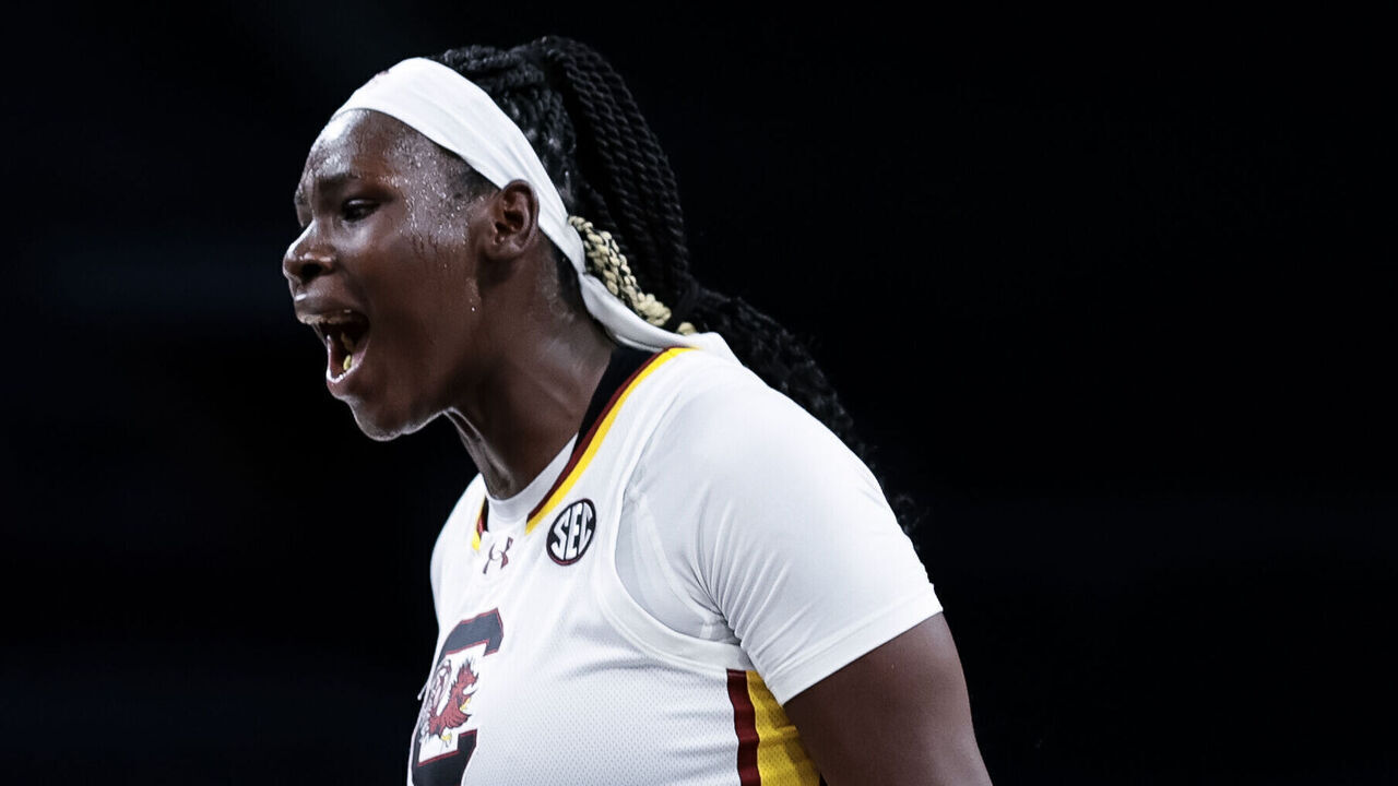 LAS VEGAS, NEVADA - NOVEMBER 27: Madina Okot #11 of the South Carolina Gamecocks reacts against the Texas Longhorns during the second half during the Players Era Championship basketball tournament at Michelob ULTRA Arena on November 27, 2025 in Las Vegas, Nevada.