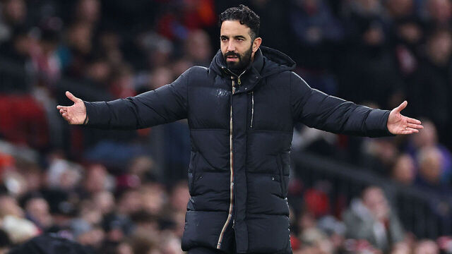 MANCHESTER, ENGLAND - DECEMBER 4: Manchester United head coach / manager Ruben Amorim reacts during the Premier League match between Manchester United and West Ham United at Old Trafford on December 4, 2025 in Manchester, England.