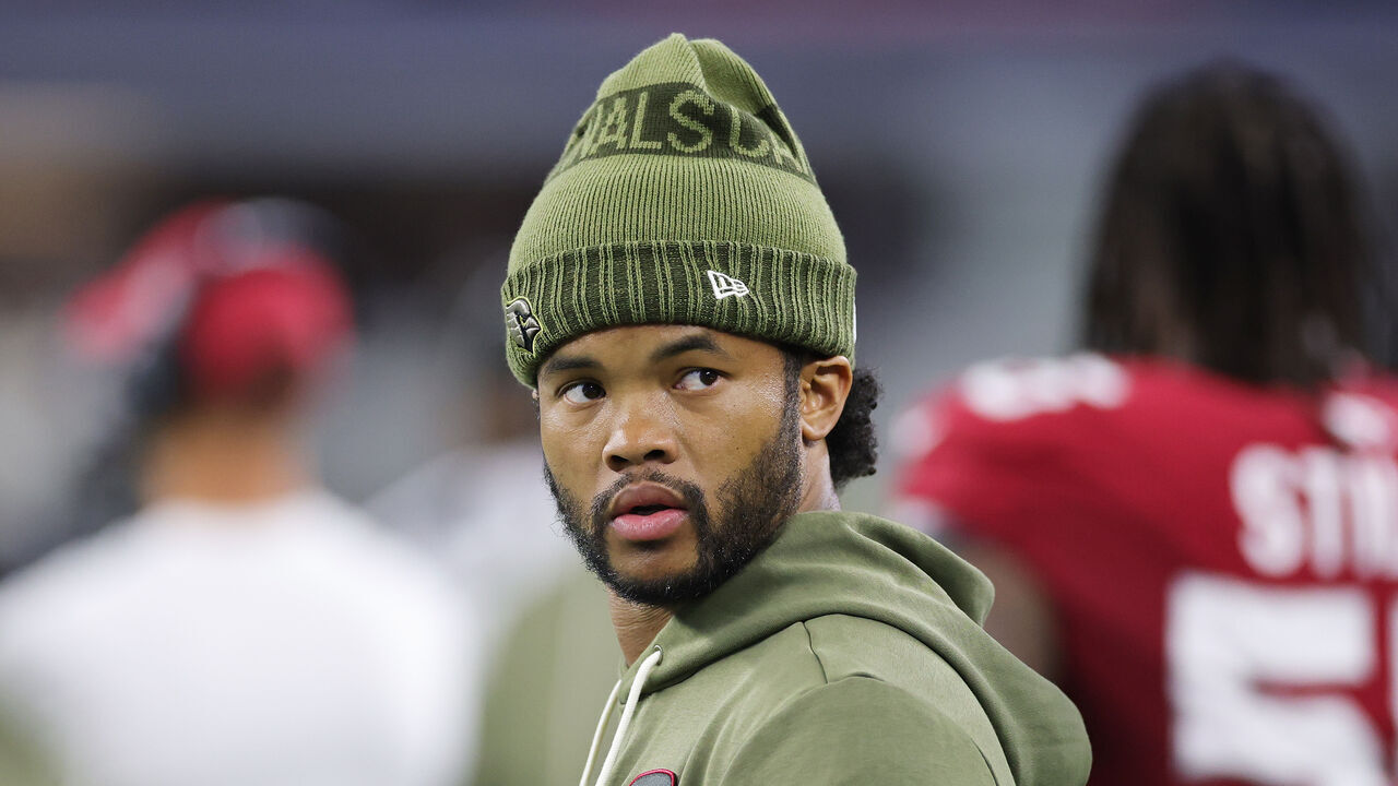 ARLINGTON, TEXAS - NOVEMBER 03: Kyler Murray #1 of the Arizona Cardinals watches action during a game against the Dallas Cowboys at AT&T Stadium on November 03, 2025 in Arlington, Texas.