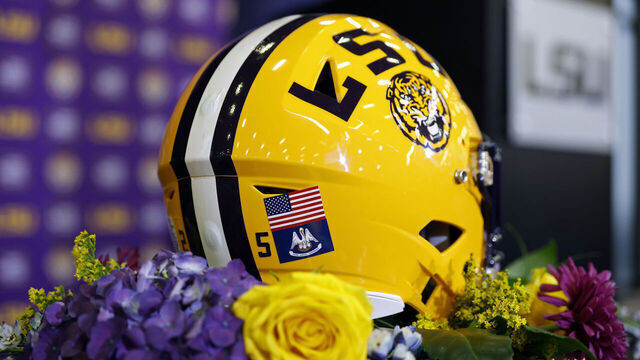 BATON ROUGE, LOUISIANA - DECEMBER 01: A detailed view of a helmet is seen while Lane Kiffin speaks at a press conference as he is introduced as the new head football coach of the LSU Tigers at Tiger Stadium on December 01, 2025 in Baton Rouge, Louisiana.