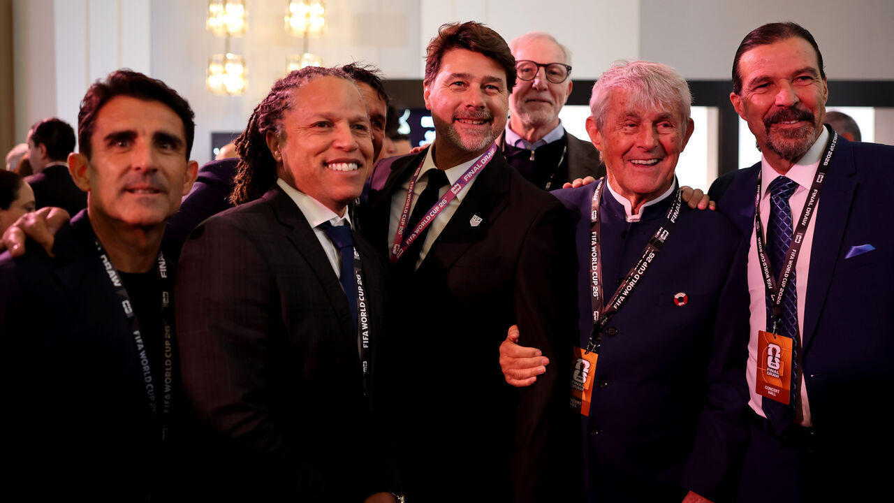 WASHINGTON, DC - DECEMBER 05: Mauricio Pochettino, Head Coach of United States, and Cobi Jones, FIFA legend during the FIFA World Cup 2026 Official Draw at John F. Kennedy Center for the Performing Arts on December 05, 2025 in Washington, DC.