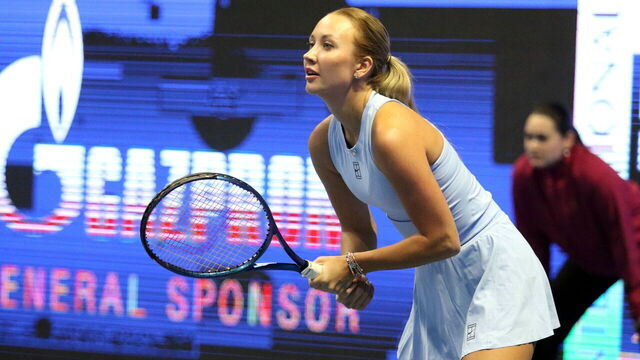 SAINT PETERSBURG, RUSSIA - 2025/11/29: Anastasia Potapova of Russia plays against Veronika Kudermetova of Russia (Not in view) during the International Team Tennis Tournament Trophies of Northern Palmyra 2025 at The Arena. Final score: (Anastasia Potapova 2:5, 2:4, 2:4 Veronika Kudermetova).