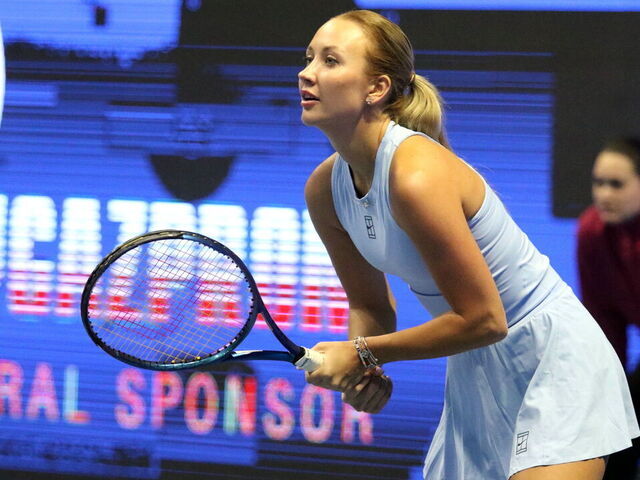 SAINT PETERSBURG, RUSSIA - 2025/11/29: Anastasia Potapova of Russia plays against Veronika Kudermetova of Russia (Not in view) during the International Team Tennis Tournament Trophies of Northern Palmyra 2025 at The Arena. Final score: (Anastasia Potapova 2:5, 2:4, 2:4 Veronika Kudermetova).