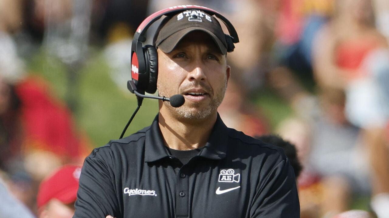AMES, IA - AUGUST 30: Head coach Matt Campbell of the Iowa State Cyclones looks at the game clock in the first half of play at Jack Trice Stadium on August 30, 2025, in Ames, Iowa. The Iowa State Cyclones won 55-7 over the South Dakota Coyotes.