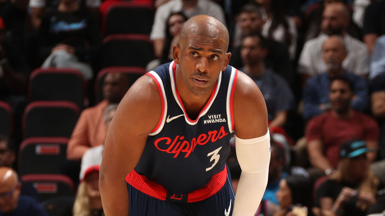 MIAMI, FL - DECEMBER 1: Chris Paul #3 of the LA Clippers looks on during the game against the Miami Heat on December 1, 2025 at Kaseya Center in Miami, Florida. Mandatory Copyright Notice: Copyright 2025 NBAE