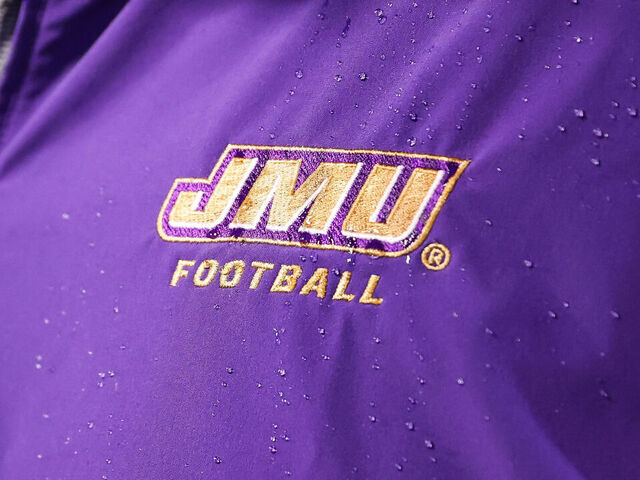 CONWAY, SOUTH CAROLINA - NOVEMBER 25: The James Madison Dukes football logo is soaked after a gatorade bath on Head coach Curt Cignetti of the James Madison Dukes after defeating Coastal Carolina Chanticleers, 56-14, at Brooks Stadium on November 25, 2023 in Conway, South Carolina.