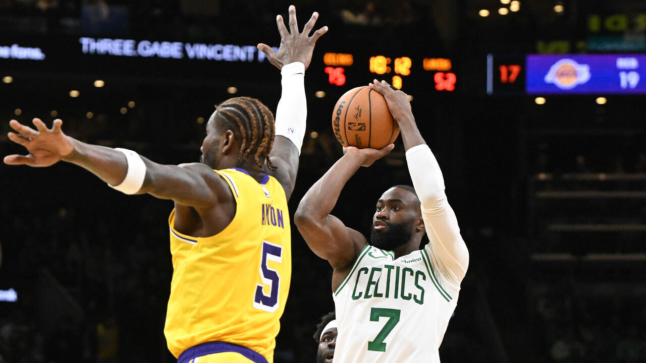BOSTON, MASSACHUSETTS - DECEMBER 05: Jaylen Brown #7 of the Boston Celtics attempts a basket against the Los Angeles Lakers during the second half at the TD Garden on December 05, 2025 in Boston, Massachusetts.