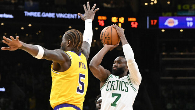 BOSTON, MASSACHUSETTS - DECEMBER 05: Jaylen Brown #7 of the Boston Celtics attempts a basket against the Los Angeles Lakers during the second half at the TD Garden on December 05, 2025 in Boston, Massachusetts.