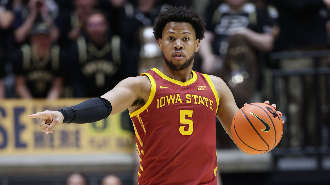 WEST LAFAYETTE, INDIANA - DECEMBER 06: Joshua Jefferson #5 of the Iowa State Cyclones dribbles up the court against the Purdue Boilermakers during the first half at Mackey Arena on December 06, 2025 in West Lafayette, Indiana.