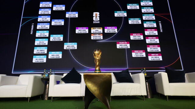 WASHINGTON, DC - DECEMBER 06: Detail of the FIFA World Cup Trophy as the screen displays the schedule during the FIFA World Cup 2026 official match schedule announcement on December 06, 2025 in Washington, DC.