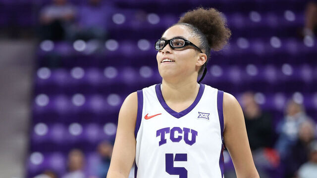 FORT WORTH, TEXAS - NOVEMBER 20: Olivia Miles #5 of the TCU Horned Frogs reacts during the second half against the Tarleton State Texans at Schollmaier Arena on November 20, 2025 in Fort Worth, Texas.