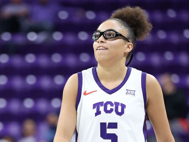 FORT WORTH, TEXAS - NOVEMBER 20: Olivia Miles #5 of the TCU Horned Frogs reacts during the second half against the Tarleton State Texans at Schollmaier Arena on November 20, 2025 in Fort Worth, Texas.