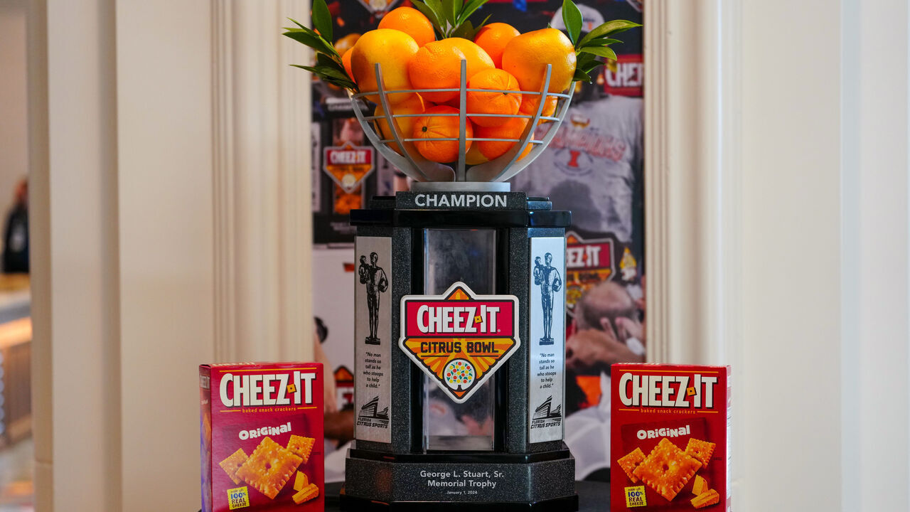 LAS VEGAS, NEVADA - JULY 22: The Cheez-It Citrus Bowl George L. Stuart, Sr. Memorial trophy on display during the 2025 Big Ten Football Media Days at Mandalay Bay Convention Center on July 22, 2025 in Las Vegas, Nevada.