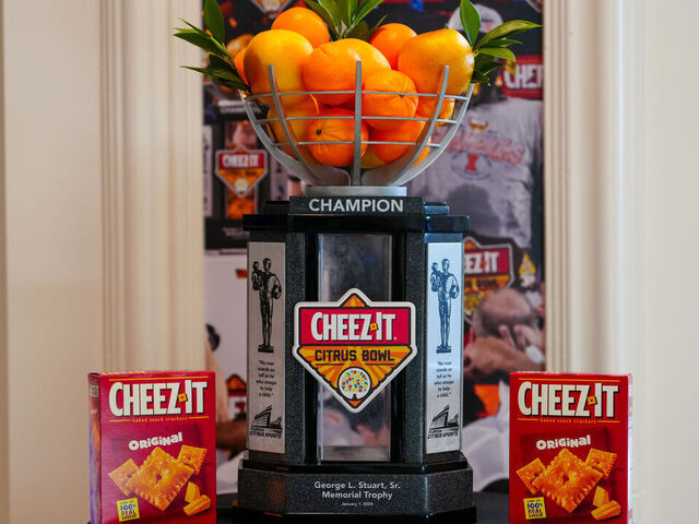 LAS VEGAS, NEVADA - JULY 22: The Cheez-It Citrus Bowl George L. Stuart, Sr. Memorial trophy on display during the 2025 Big Ten Football Media Days at Mandalay Bay Convention Center on July 22, 2025 in Las Vegas, Nevada.