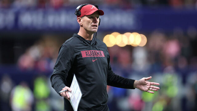 ATLANTA, GEORGIA - DECEMBER 06: Head coach Kalen Deboer of the Alabama Crimson Tide reacts against the Georgia Bulldogs during the second quarter in the 2025 SEC Championship at Mercedes-Benz Stadium on December 06, 2025 in Atlanta, Georgia.