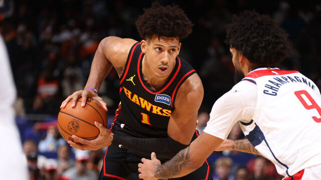 WASHINGTON, DC - DECEMBER 6: Jalen Johnson #1 of the Atlanta Hawks handles the ball during the game against the Washington Wizards on December 6, 2025 at Capital One Arena in Washington, DC. Mandatory Copyright Notice: Copyright 2025 NBAE