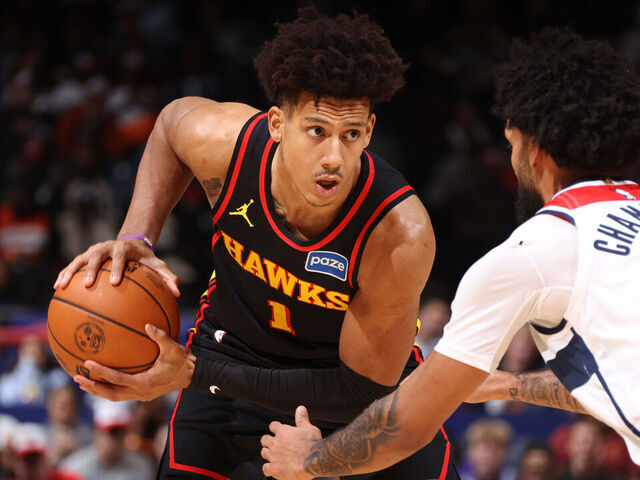 WASHINGTON, DC - DECEMBER 6: Jalen Johnson #1 of the Atlanta Hawks handles the ball during the game against the Washington Wizards on December 6, 2025 at Capital One Arena in Washington, DC. Mandatory Copyright Notice: Copyright 2025 NBAE