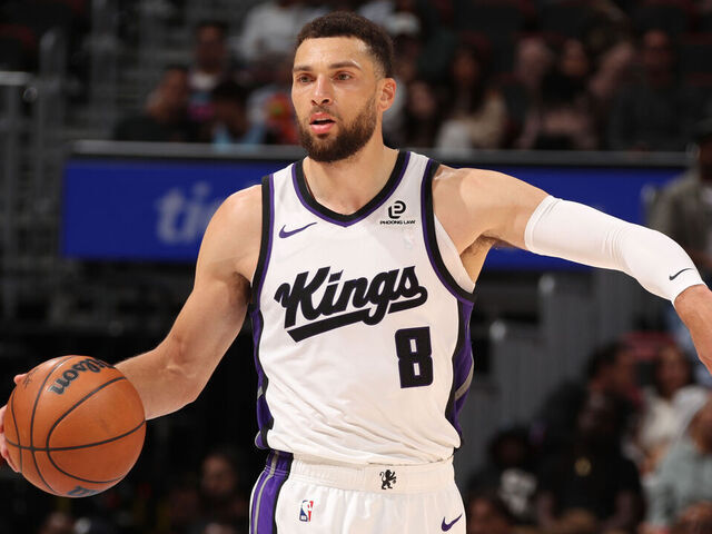 MIAMI, FL - DECEMBER 6: Zach LaVine #8 of the Sacramento Kings dribbles the ball during the game against the Miami Heat on December 6, 2025 at Kaseya Center in Miami, Florida. Mandatory Copyright Notice: Copyright 2025 NBAE